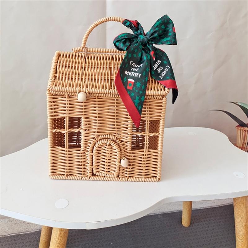 Valigia Scatola Decorativa in Rattan Cesto Intrecciato a Mano in Plastica a Forma di Casa con Manico Sacchetto per Confezionare Regali per Festival