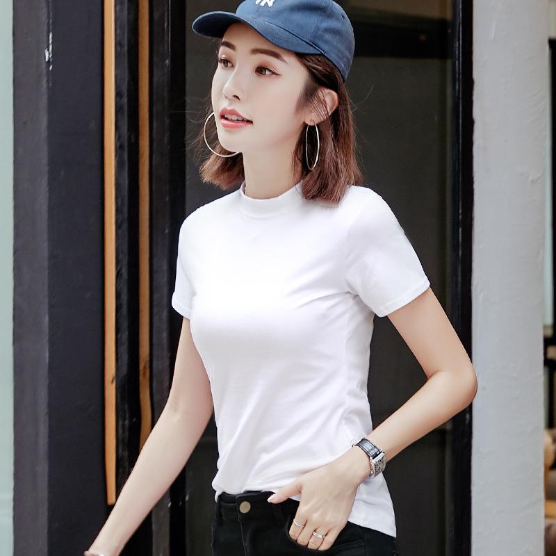 Damski dopasowany T-shirt w jednolitym kolorze z półwysokim kołnierzykiem - Czysta bawełna z krótkim rękawem Lato 2020