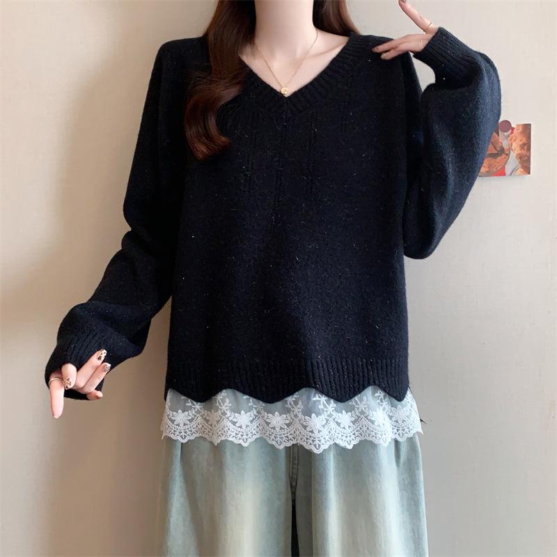 French Lace V-neck Patchwork Two-Piece Knit Sweater - Loose Fit for Autumn/Winter