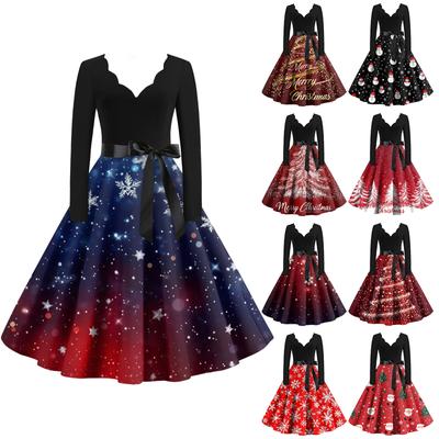 Moda feminina com decote em V casual slim natal estampado vestidos de manga comprida