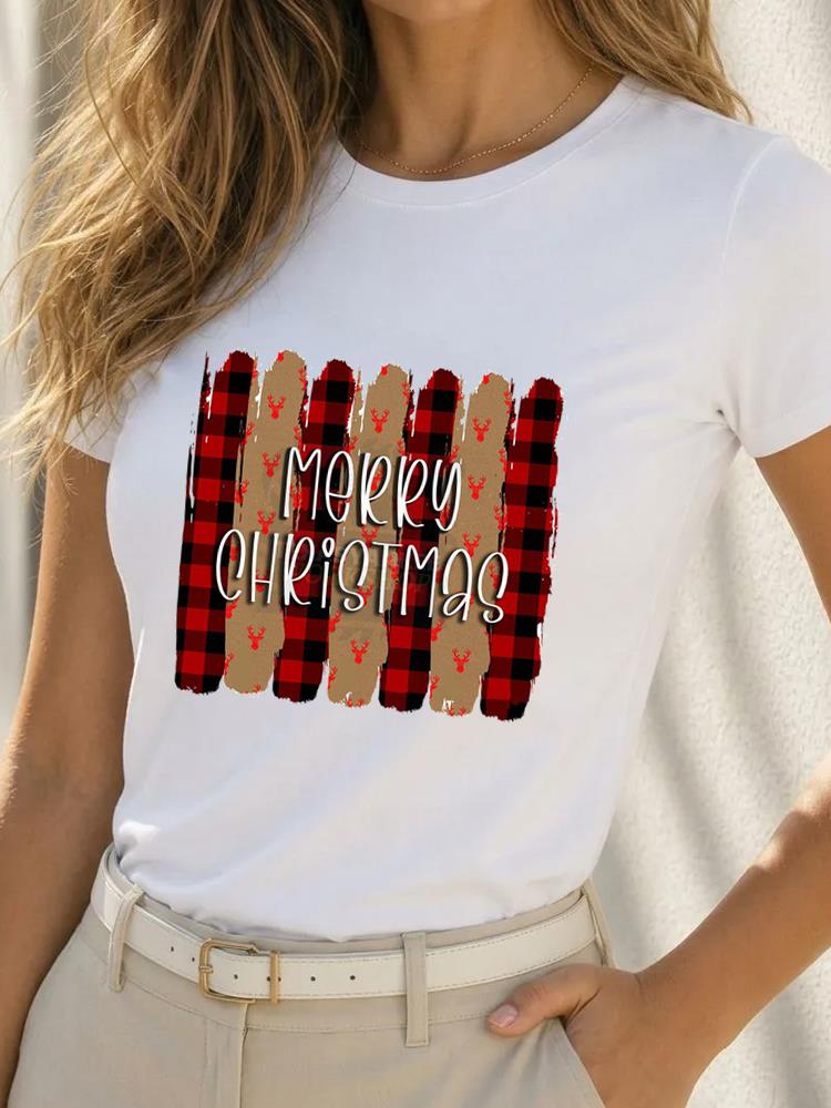 (Asian Size) Short Sleeve T-shirts Happy Festival Merry Christmas Fashion Women's Top O-neck T Shirt Print Casual New Year Clothing Graphic Tee
