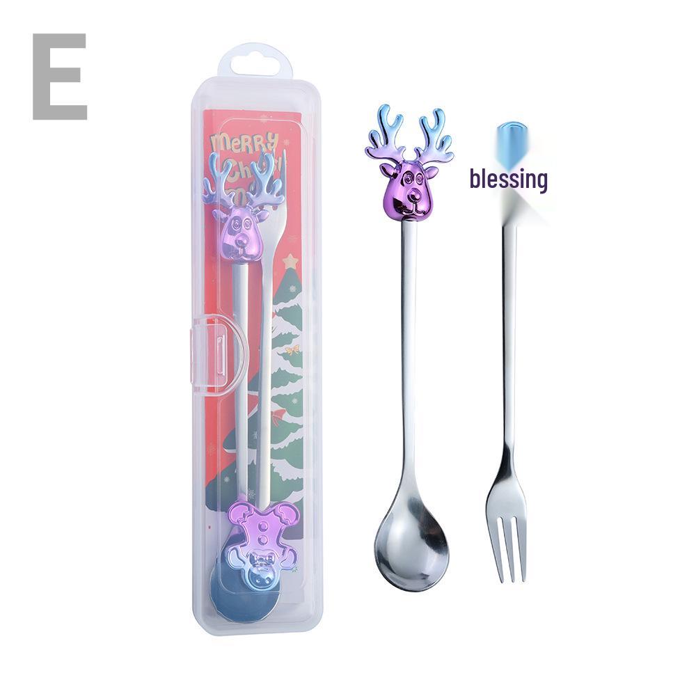 Cartoon Santa Claus Christmas Tree Coffee Dessert Spoon & Fork Gift Set