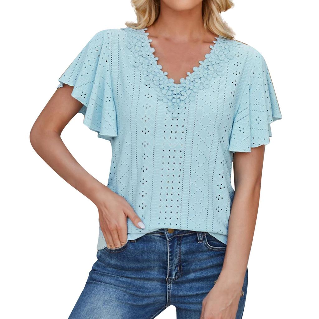 Damska, codzienna, modna, seksowna, koronkowa koszulka z dekoltem w serek i falbaniastymi rękawami w jednolitym kolorze