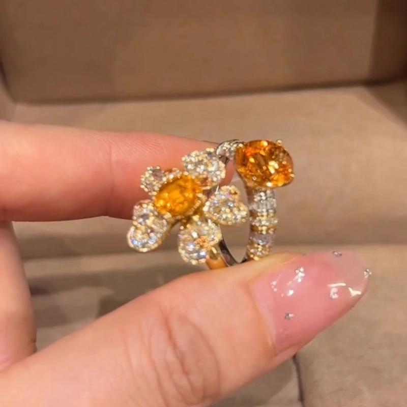 Creative design sunflower orange gemstone rings for women light luxury high-end exquisite inlaid diamonds ring wedding jewelry