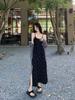 2025 French Style Floral Print Slimming Black Summer Dress with Adjustable Straps