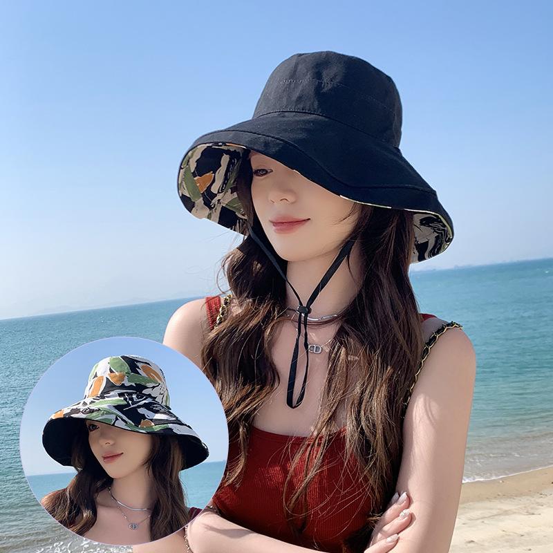Double-sided fisherman's hat, children's outdoor sunscreen hat, European and American summer cotton large edge printing pot hat, casual sun hat