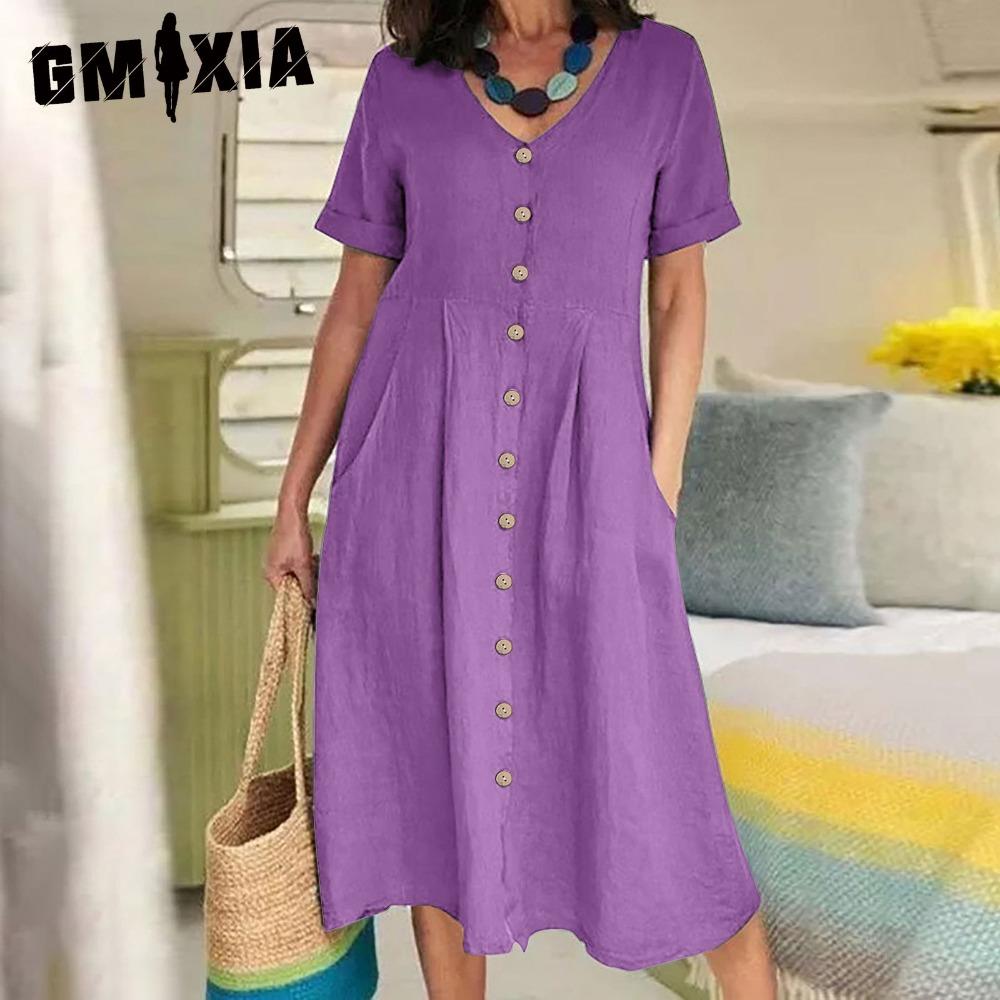 GMXIA Dame Sommer Casual Bomull V-hals Kort Erm Knappekjole