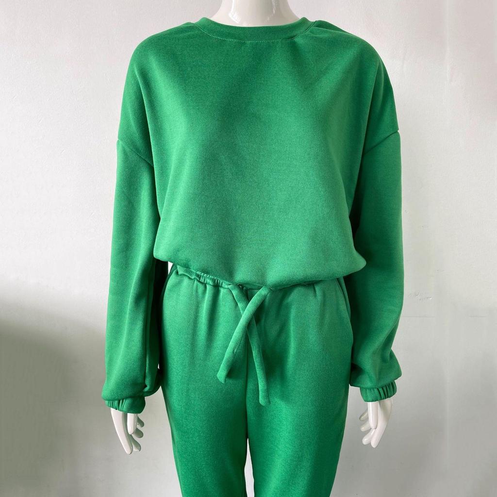 Women Solid Color Long Sleeve O Neck Hoodies Suit Autumn Winter Loose Top Wide Leg Pants