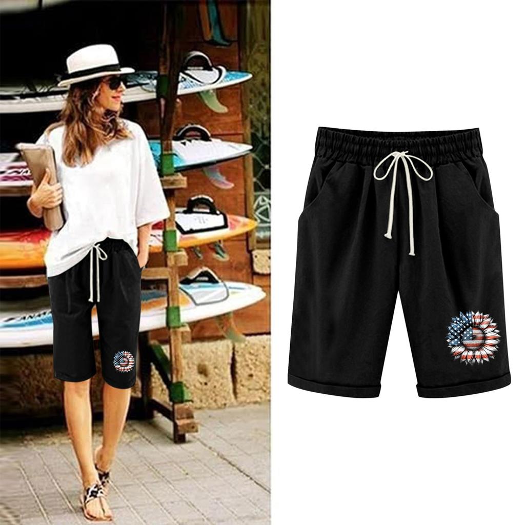 Plus Size Shorts For Women Stretchy Curvy Cotton Linen Drawstring Elastic Waist Bermuda Shorts Casual Beach Clothes