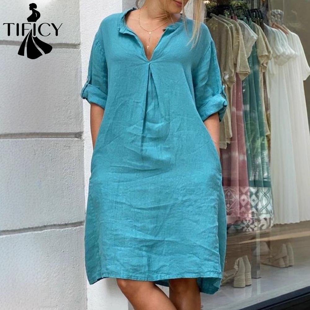 TIFICY Moda feminina primavera outono cor sólida estampa manga comprida decote em v cintura solta vestidos casuais