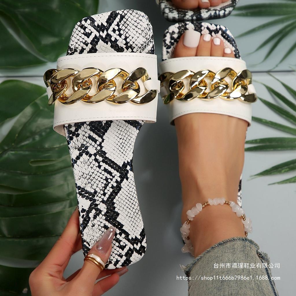 New Leopard Print Open-toed Flat-bottomed Slippers Women's 2025 European and American Large-size Summer Wear Fashion Beach Cool Slippers