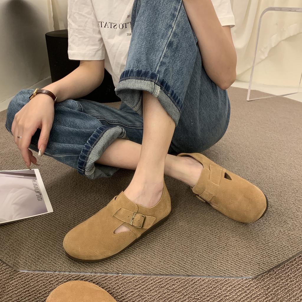 Cowhide version~ Boken shoes women's genuine leather matte flat bottom one pedal soft sole soft surface ugly cute retro Boken shoes single shoes