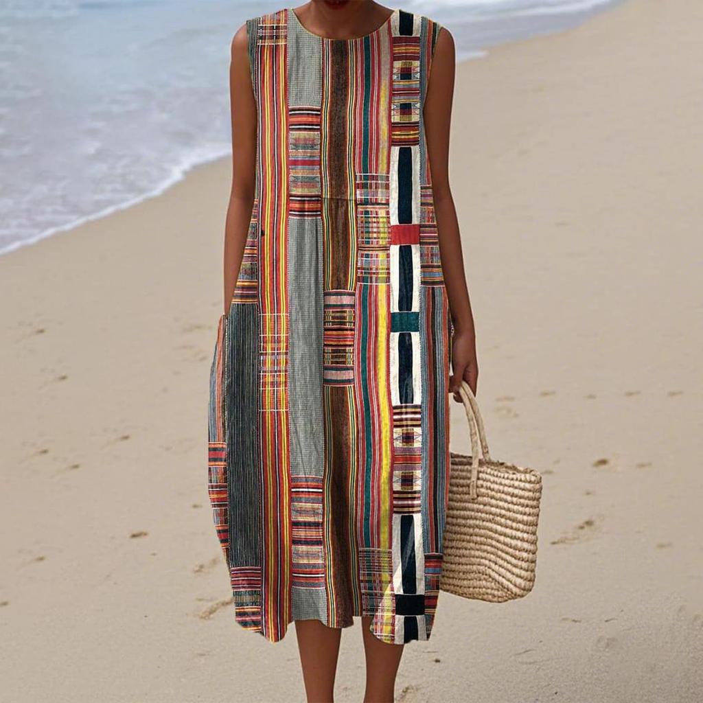 Summer European and American women's new sleeveless seaside vacation D printing dress