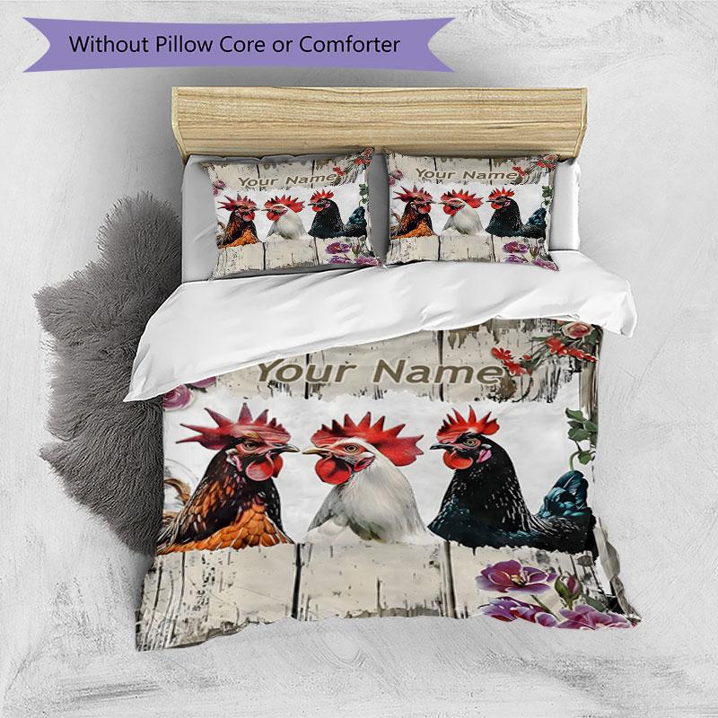 3PC Custom Name Rustic Farmhouse Chickens Bedding Set Duvet Cover Closure Includes 1 Duvet Cover & 2 Pillowcases for Bedroom