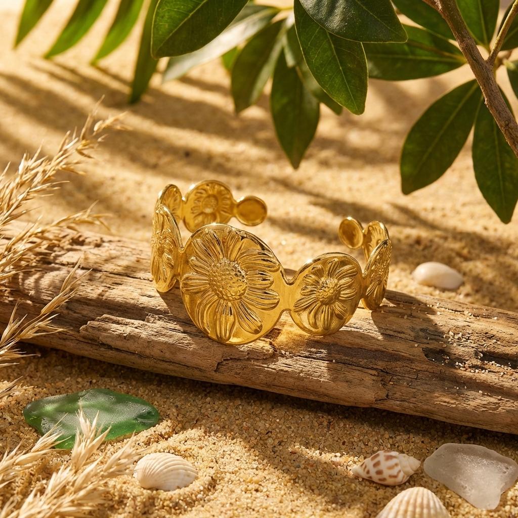Vintage Sunflower Stainless Steel Bangle For Women Textured Floral Style Waterproof Metal Bracelet