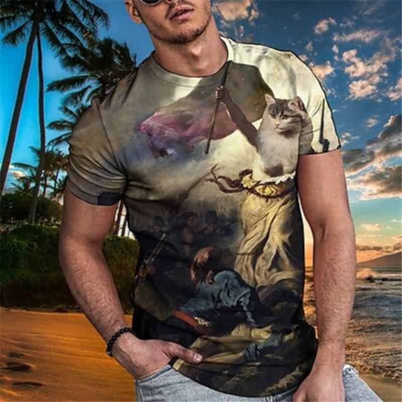 Men's Animal Cat T-shirt Funny T-shirt Short Sleeve T-shirt 3D Printed Captain Neck Shirt Designer Basic Slim Casual Daily