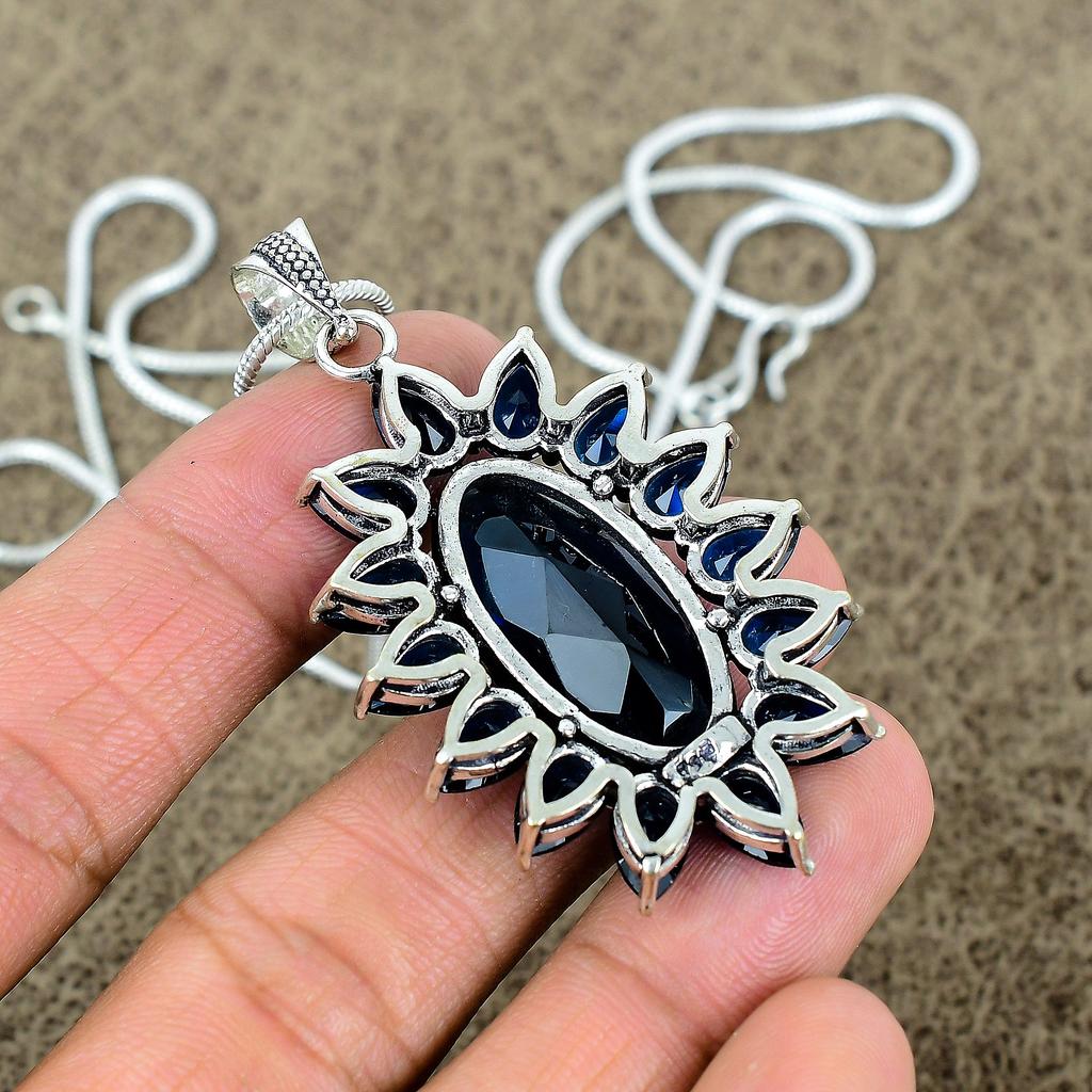 Blue Topaz Gemstone Handmade 925 Sterling Silver Jewelry Pendant 2.48" KKG-274
