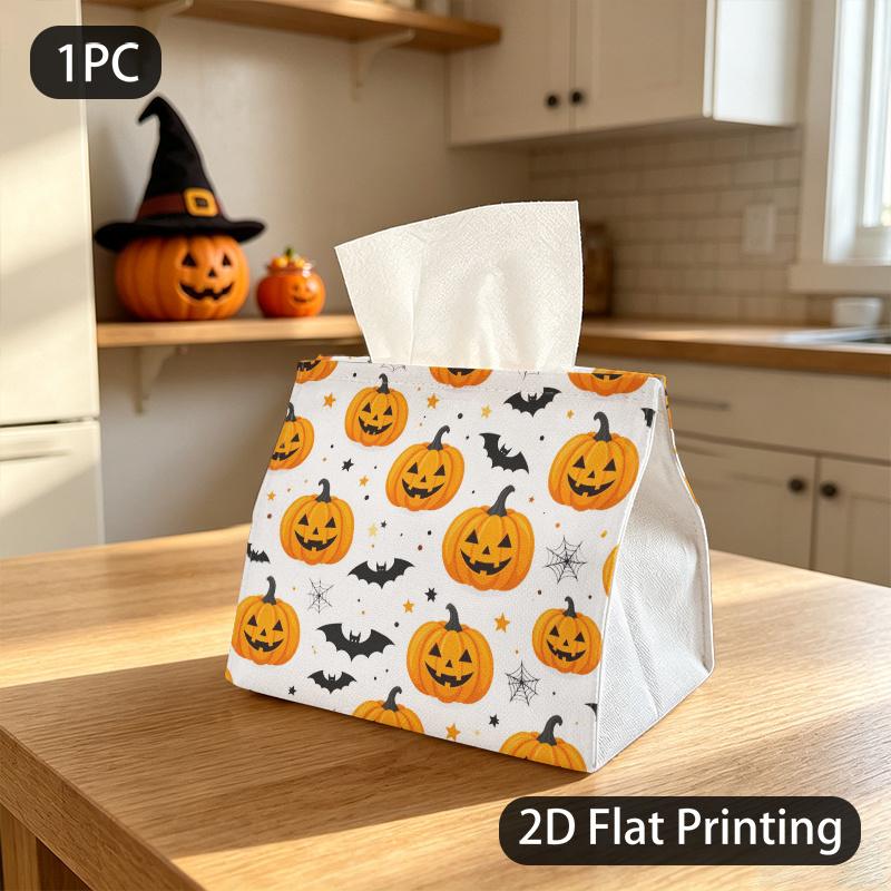 1pc Tissue Box, for Halloween Style Jack O Lantern Bat Decor Pattern, 2D Flat Printing, Crafted with Strong Polyester, Take Anywhere, Tissue Bag, for