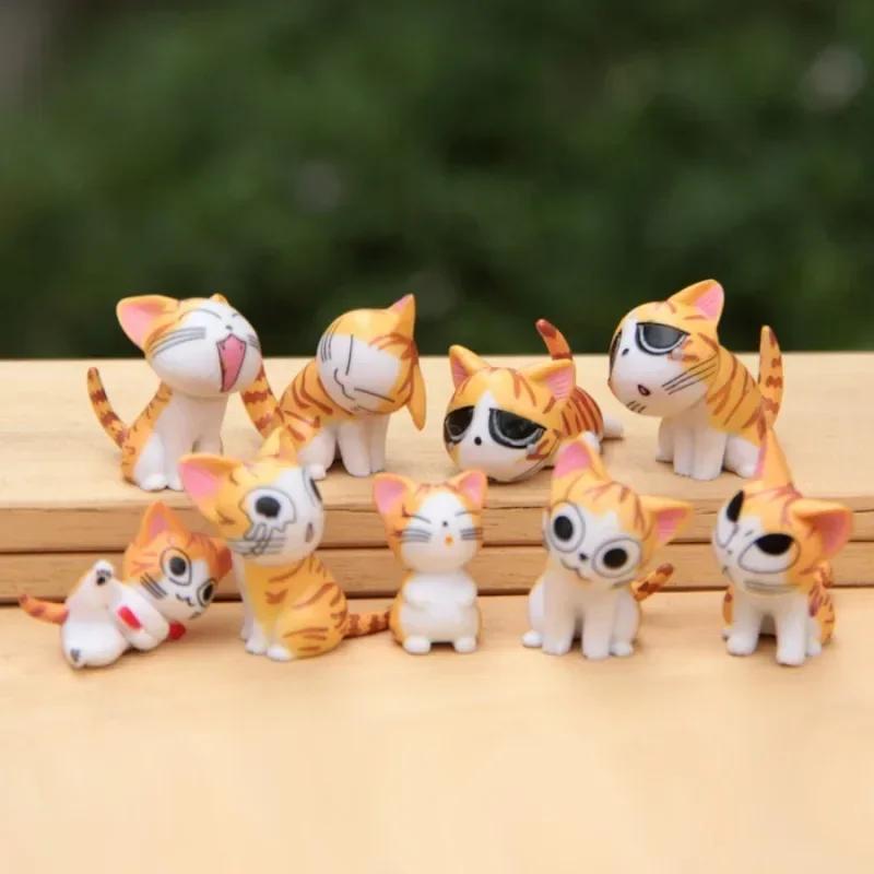 9pcs Cheese Cat Mini Ornament Sets Moss Micro Landscape Succulent Decorative Figurines Cartoon Animals Desktop Cats Craft Gifts