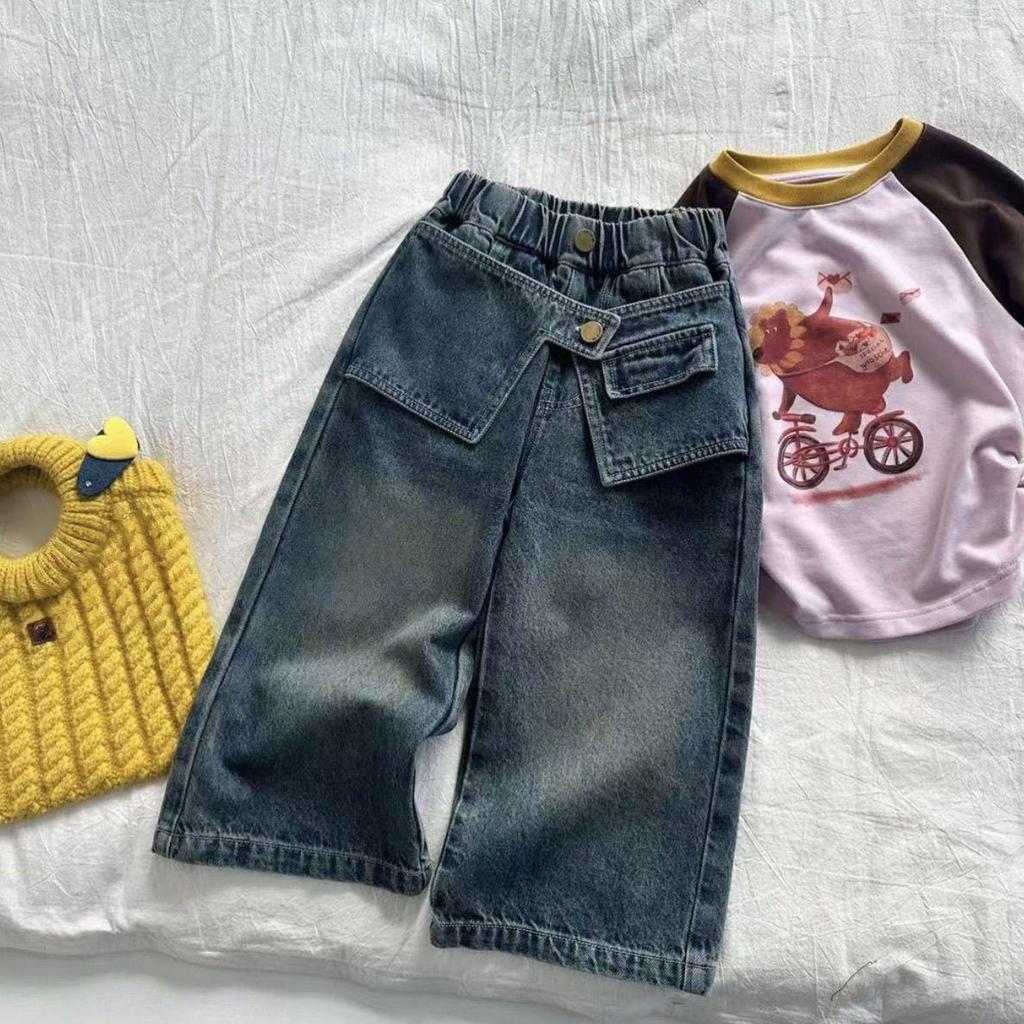 Korean-Style Children's Woolen Wide Leg Jeans with Butt Flap - Autumn 2025