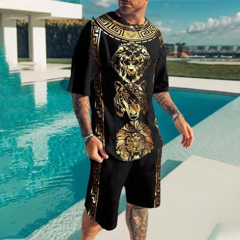 Men Cool Lion Tiger T-shirt Set 3D Animal  Print Casual Style T-shirt Shorts Set Summer New Fashion Street Clothing High-quality