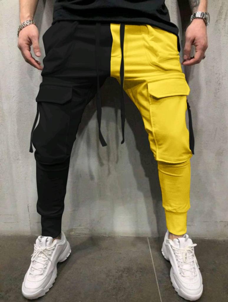 Men's Color Block Multi-Pocket Cargo Pants: Casual, Fitness, Patchwork, Drawstring