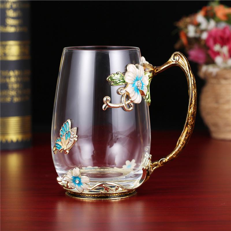 Heat-Resistant Enamel Flower Tea Cup, Creative Painted Crystal Glass Coffee Cup with Handle