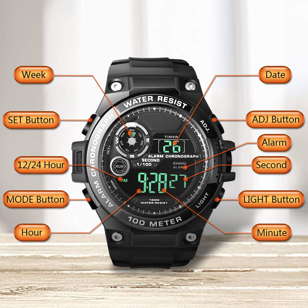 100 m Unterwasser-Tauchuhr für Männer und Jungen mit Alarm, Dualzeit-Stundenformat, Stoppuhr, Chronograph, Funktion, Zone, 12/24