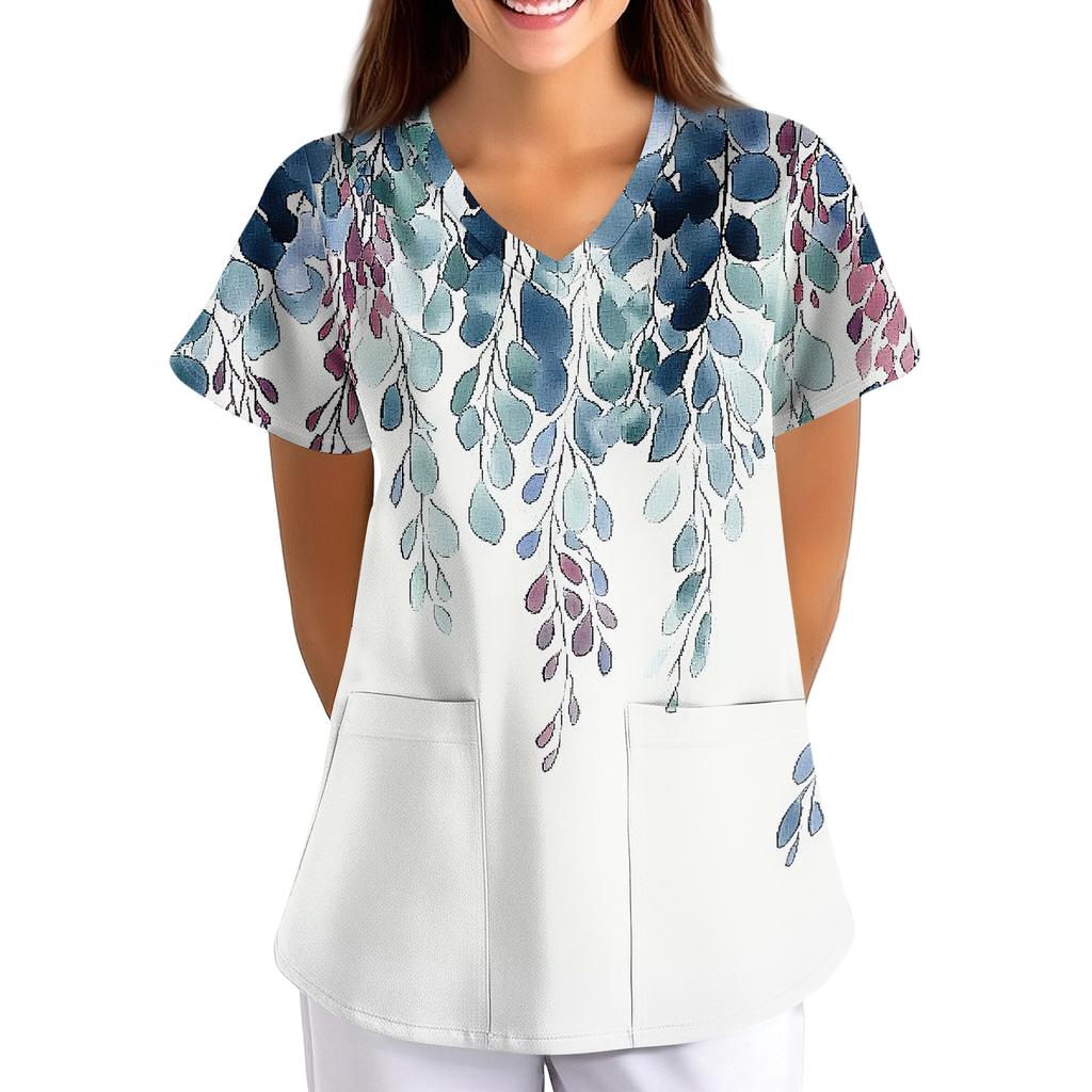 Loose Fit V Neck Short Sleeve Medical Scrub Top with Pockets for Nurses Caregivers Floral Print Comfortable Workwear