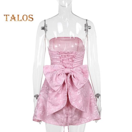 Women Evening Dress Big Bow Decor Bandeau Off Shoulder Floral Texture Sleeveless Lace-up A-line Backless Prom Cocktail Party Ball Gown Summer Mini