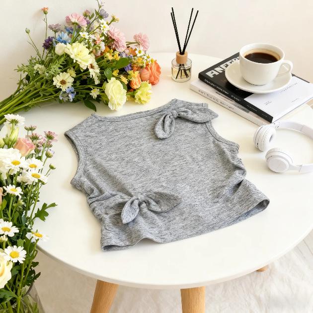 Корейский летний милый комплект: Жилет с бантом и клетчатая юбка с оборками для девочек 2025