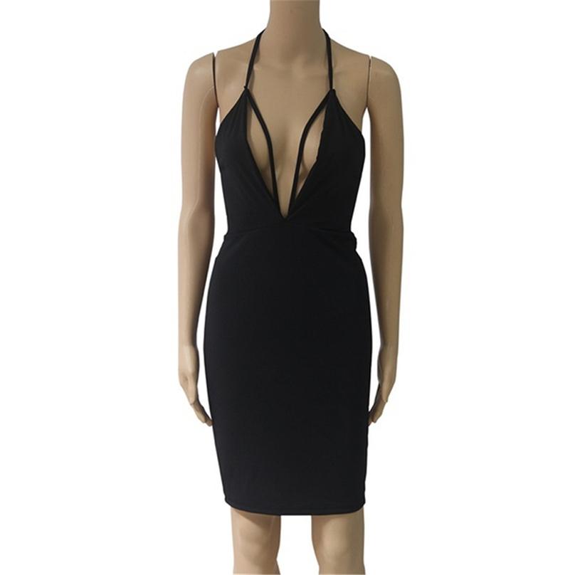 Vestido Feminino Sexy de Festa/Cocktail Estilo Europeu Sem Mangas Decote em V Profundo Bodycon