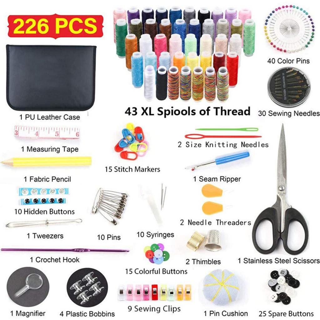 226Pcs Sewing Needle Thread Kit Portable Beginners Hand Sewing Supplies with 43 XL Spools Needles Scissors Sewing Accessories