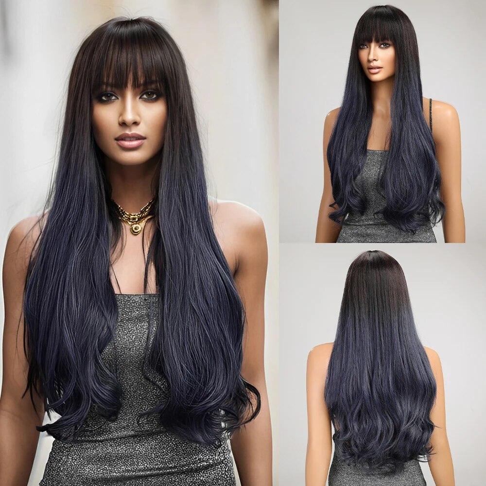 Long Water Wave Synthetic Wigs with Bangs Natural Ginger Brown Loose Curly Wavy Wig for Black White Women Heat Resistant Daily