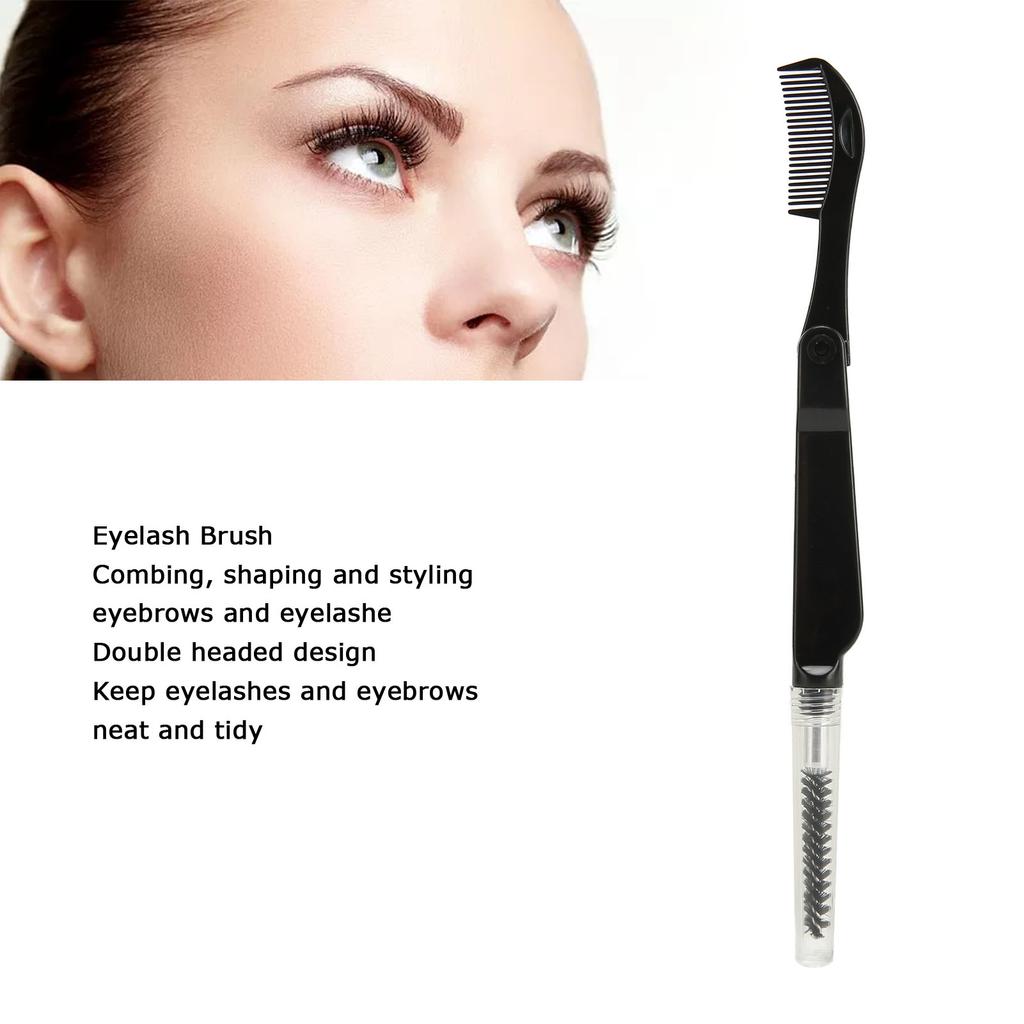 Double Head Eyebrow Eyelash Comb Women Foldable Portable Brow Mascara Brush Makeup Grooming Tool Black