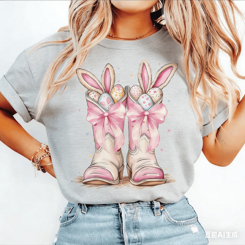 Adult and Children Easter Bunny Cowboy Boots Easter Egg Cotton TShirt Family ParentChild Friend Atmosphere Short Sleeve