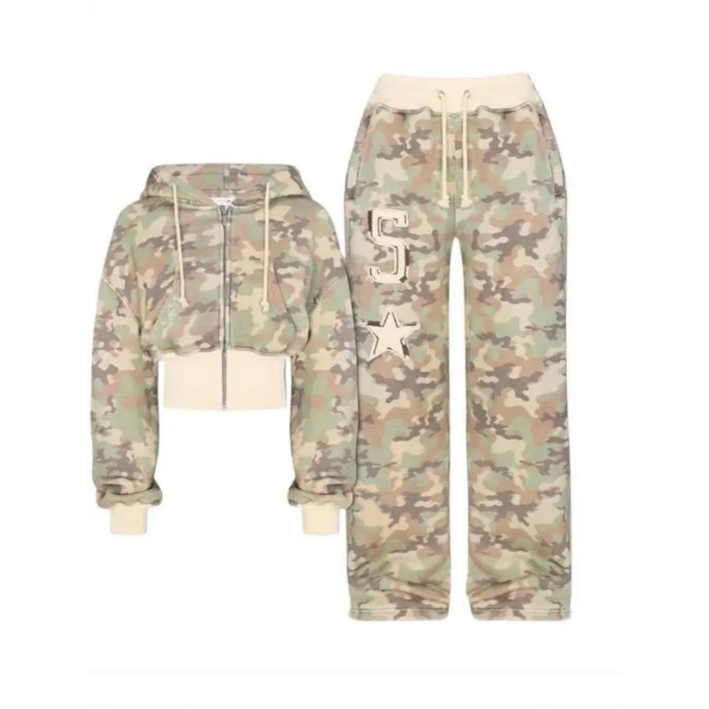 STREETRICH Fashion Y2K Camouflage Hooded Two Piece Sets Women Zipper Long Sleeve Crop Top and Pants Outfits Autumn 2pcs Streetwear