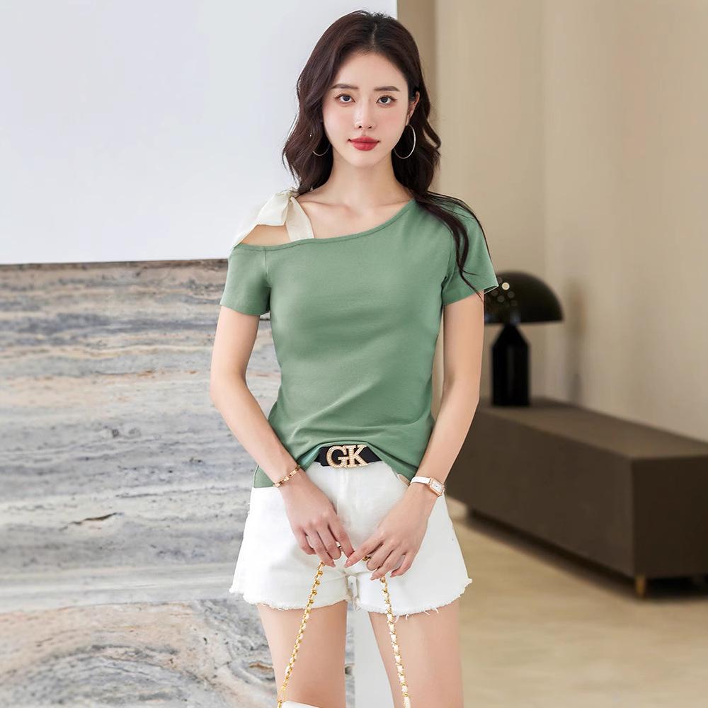 2025 Korean Style One-Shoulder Tie-Up Short-Sleeve Slimming Cotton Women's Top