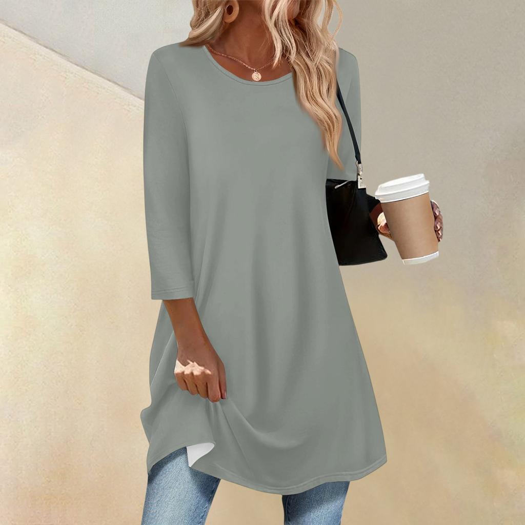 Women's Fashion Casual Three-quarter Sleeve Long Solid Color Round Neck Top