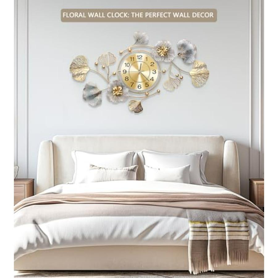 Large 3D Silent Wall Clock for Living Room Bedroom Kitchen Decor Retro Metal Ginkgo Leaf Design In Golden Color 32''x18''