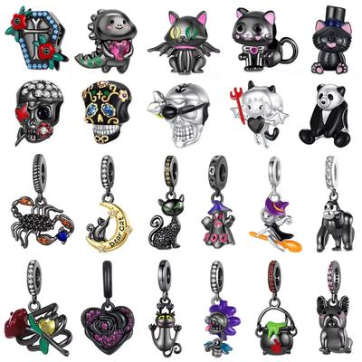 Original Copper Cat Dinosaur Scorpion Witch Skull Black Beads Charms For Pan Bracelet Jewellery Halloween Gift
