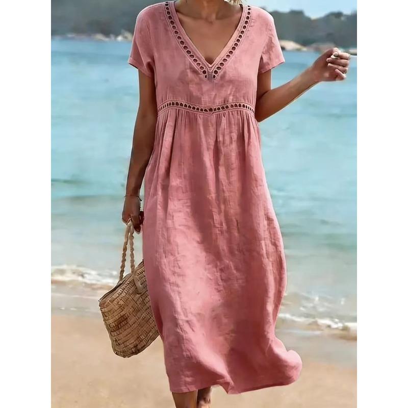 BITCED Fashion Summer Spring Solid Color Print  V-Neck Short Sleeve Casual Dresses