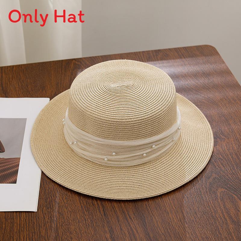 French Lace Pearl Straw Hat Summer Sunshade Wide Brim Breathable For Beach Vacation
