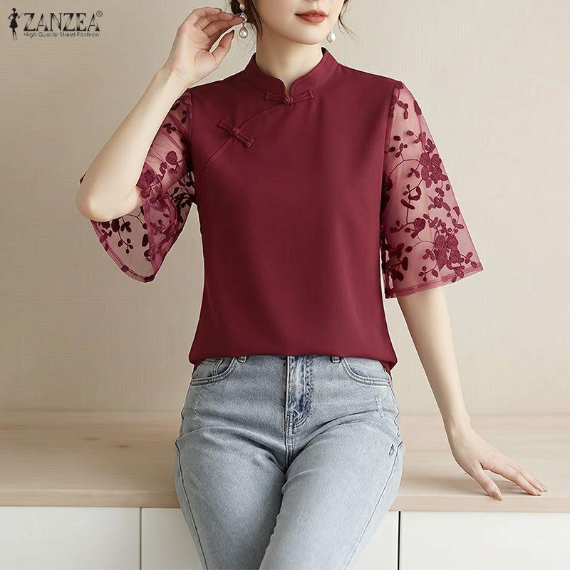 ZANZEA Women Elegant Lace Splice Half Sleeve Summer Casual Stand Collar Blouse