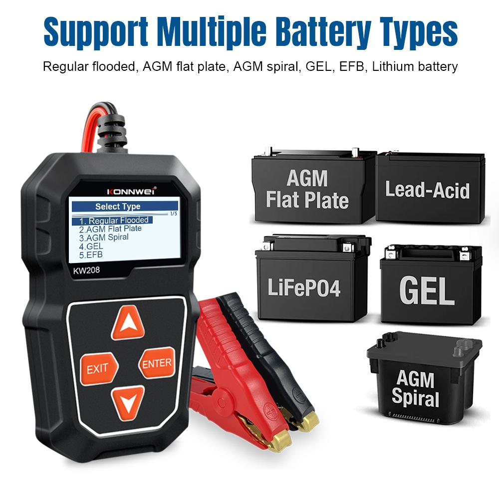 KONNWEI KW208 Battery Tester 12V Automotive Battery Charger Inspection Tools 100 to 2000CCA Cranking Charging Circut Analyzer