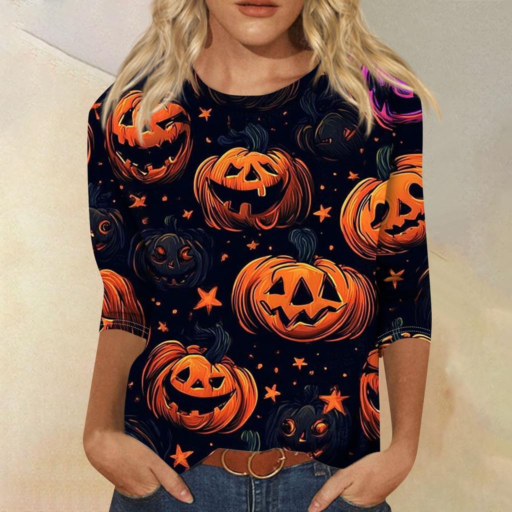 Women's Fashion Casual Round Neck Three-quarter Sleeve Halloween Printed T-shirt Top
