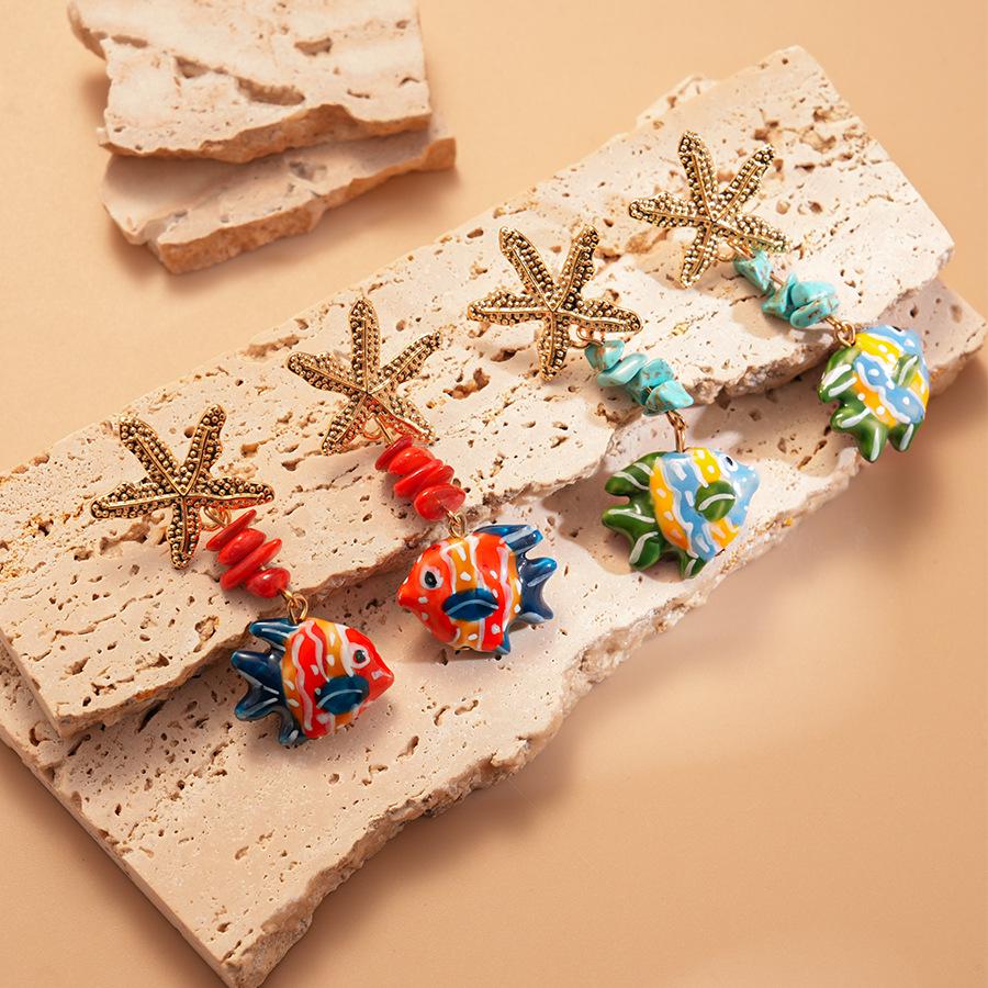 Elegant Glass Starfish & Stone Fish Earrings: High-Class Style with Steel Needles for Women