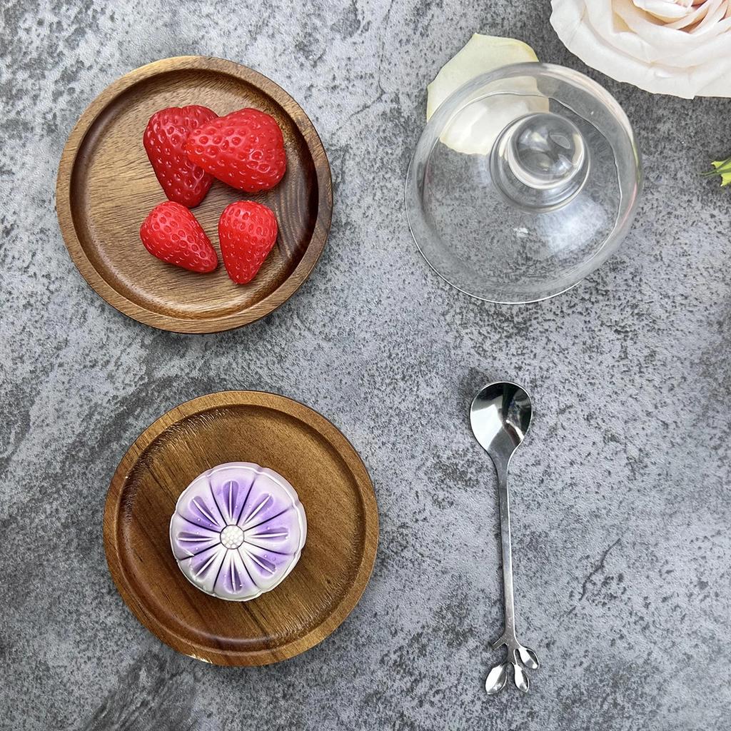1 Stück Dessertständer mit Holzfuß im japanischen Stil mit Glasdomabdeckung, transparente Glas-Kuchenauslage für Frühstück, ohne Muster