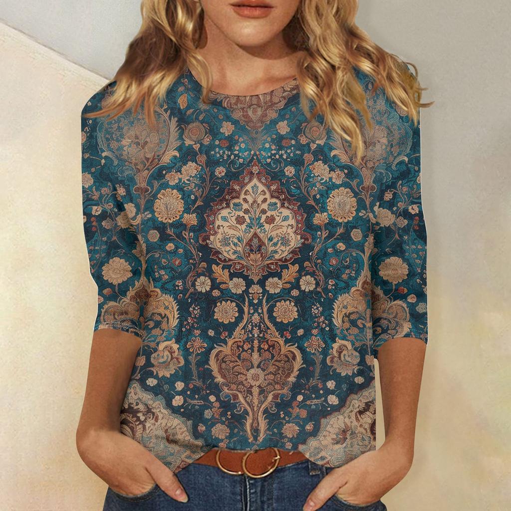 Women's Fashion Casual Seven Sleeve Vintage Printed Round Neck T-Shirt Top