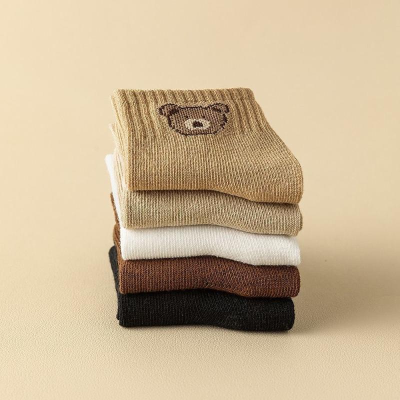 5Pair Cute Cartoon Bear Mid-Calf Docks Kid Socks Autumn/Winter Versatile Socks Soft Comfortable Breathable All-Season Socks